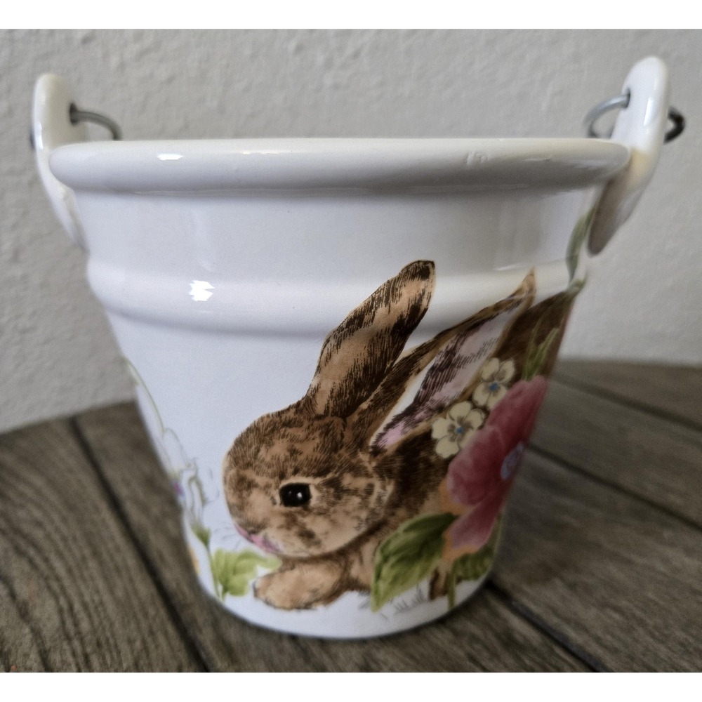 Maxcera Ceramic Bunny Floral Bucket Basket With Wooden Handle Easter Spring